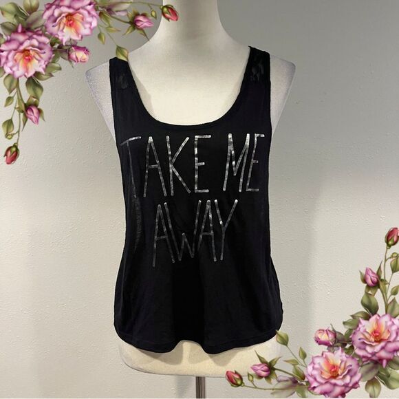 Pink Black Sleeveless crop Top with Silver Text” Take me away” size extra small - Picture 1 of 9